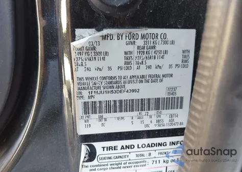 2013 Ford Expedition Xlt из США, поврежденный, VIN 1FMJU1H53DEF43992